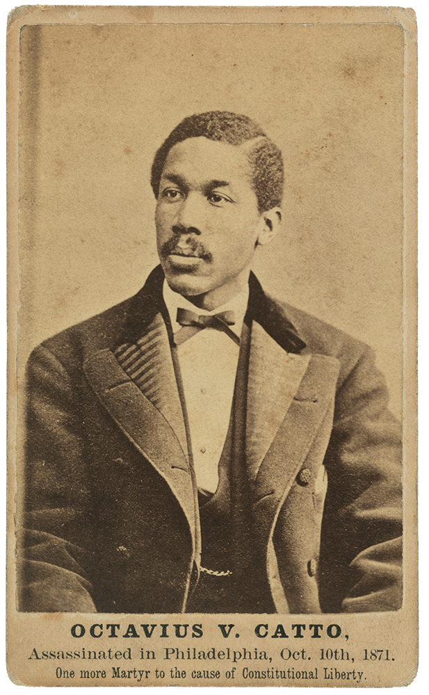Octavius Catto was photographed at the studio of Broadbent and Phillips at 1206 Chestnut Street in Philadelphia, circa 1871. After his assassination, the portrait was printed as a carte de visite hailing him as a “Martyr to the cause of Constitutional Liberty.” National Portrait Gallery, Smithsonian Institution