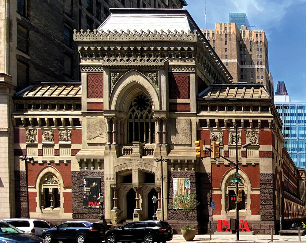 Frank Furness’ 1871–76 design for the Pennsylvania Academy of the Fine Arts features — like Rodeph Shalom, completed in 1871 — a Gothic rose window and Moorish arches, along with the eclectic addition of a French mansard roof. Courtesy of the Pennsylvania Academy of the Fine Arts, Philadelphia