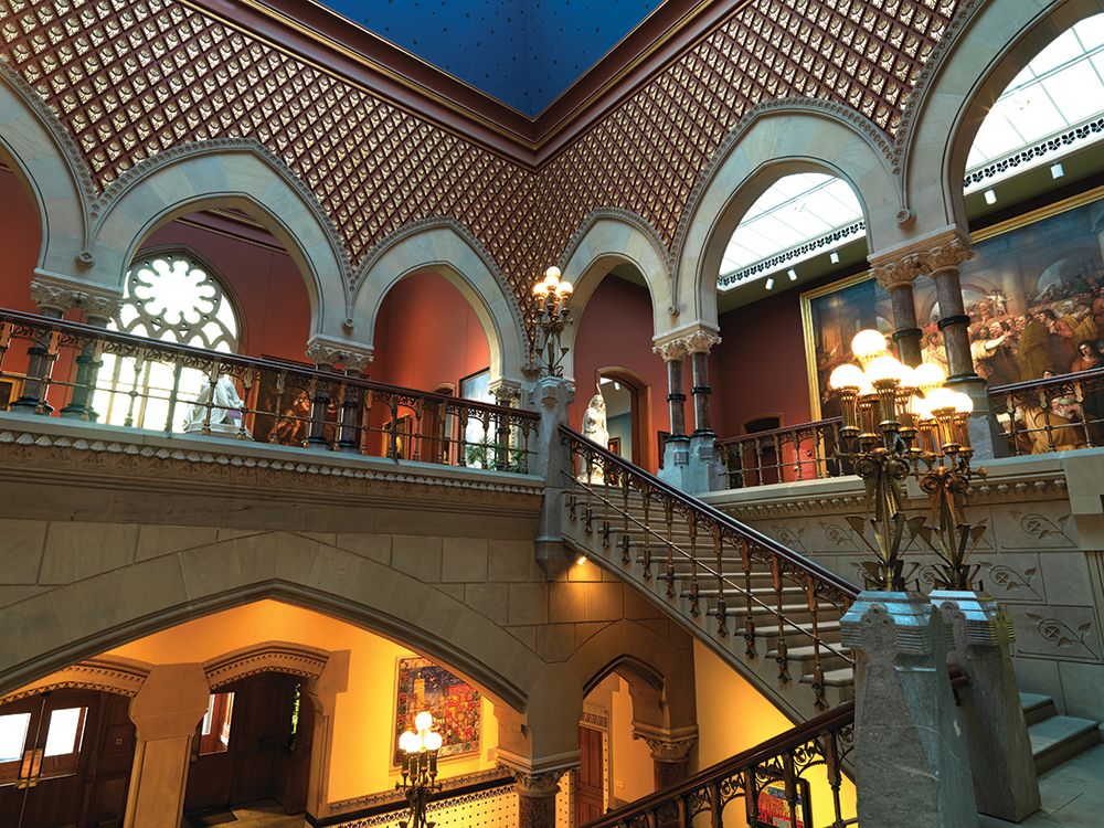 PAFA is a school and museum. Furness designed it with classrooms on the first floor. A grand stairway — its ceiling painted celestial blue with gold-leaf stars — imparted a sense of spiritual ascent. Courtesy of the Pennsylvania Academy of the Fine Arts, Philadelphia