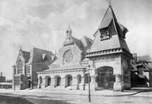 Furness’s 1882 design for the First Unitarian Church of Philadelphia was Gothic in the modest manner of an English country church rather than a soaring cathedral. Its distinctive high-peaked, semidetached tower was removed in 1921. Philadelphia Historical Commission