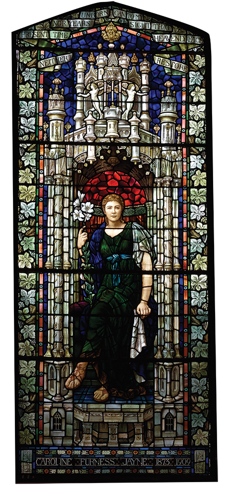 Henry Holiday, Frank Furness’ preferred stained-glass artist, was associated with the Pre-Raphaelite movement. Horace Howard Furness commissioned Holiday to design Woman Enthroned, with Lilies in 1910 in memory of his daughter, Caroline Augusta Furness Jayne. Photo, PHMC