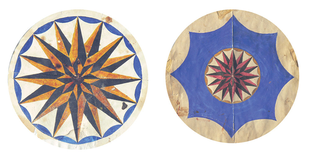 Milton Hill painted these designs in watercolor on paper in 1899, when he was in his sixth and final year at the Virginville one-room schoolhouse. He carried them in his painter’s toolbox throughout his career for nearly six decades. Pennsylvania German Cultural Heritage Center, Kutztown University (Gift of Esther and Harold Derr)