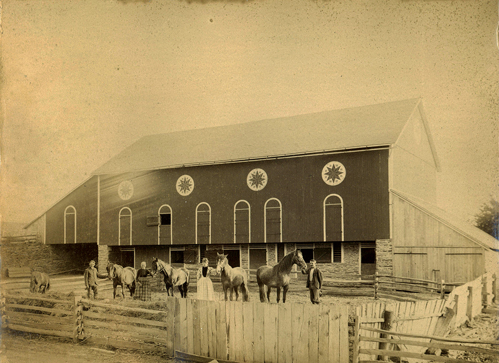 Photographed around 1890, this barn located in Greenwich Township, Berks County, bears classic eight-pointed stars with braided borders and six-pointed rosettes between each star point. Christopher Witmer Collection