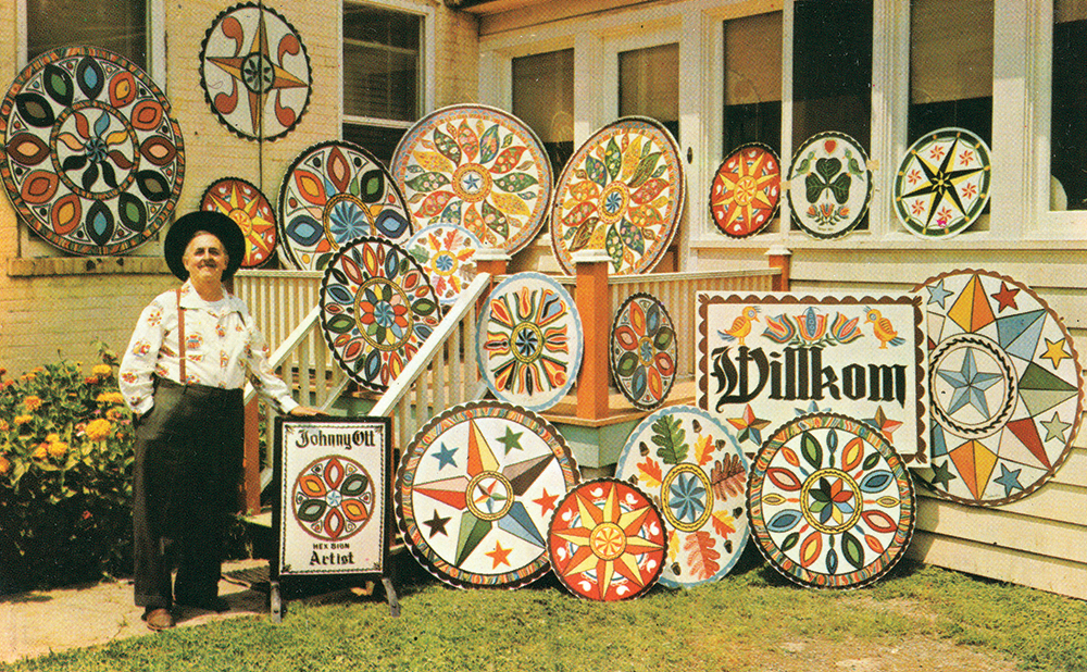 The prolific Johnny Ott of Lenhartsville, Berks County, was the self-proclaimed “Professor of Hexology.” He launched and standardized the modern artistic imagery of commercial hex signs and their meanings. Collection of Patrick J. Donmoyer
