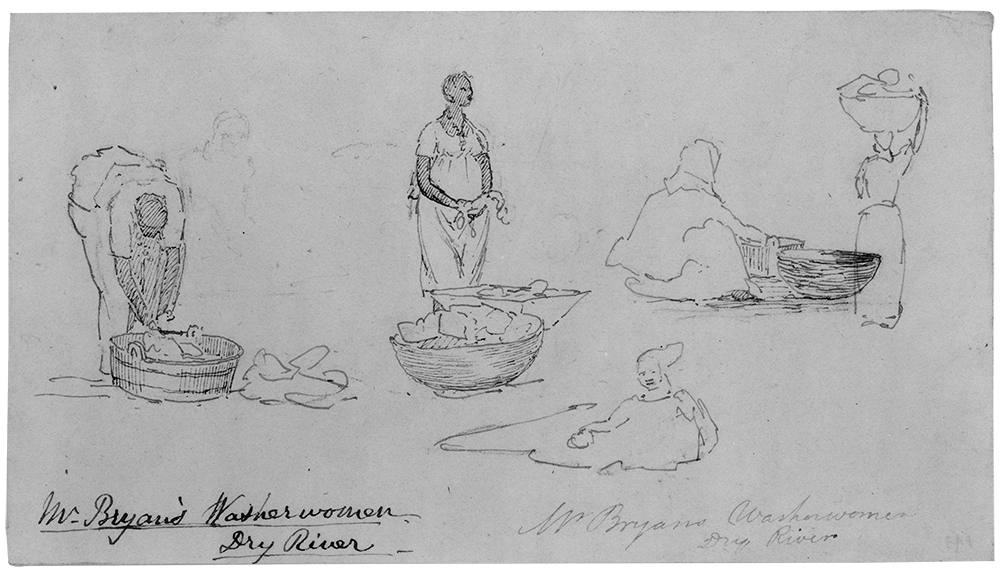 Created by English artist William Berryman, who lived in Jamaica between 1808 and 1816, these drawings portray some of the many aspects of the African diaspora and transnational slave trade. Shown here are a few of the hundreds he produced of the daily lives of the enslaved, entitled Water Hole and Washerwomen. Library of Congress