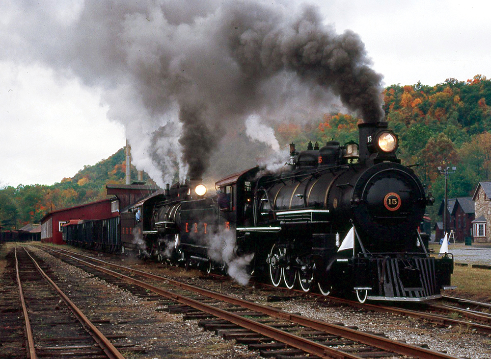 Nos. 15 and 14, two Baldwin 2-8-2-type engines on the East Broad Top Railroad (EBT) in Huntingdon County, couple up to a freight train for an October 1995 photo outing for railroad enthusiasts. Photo, Harold E. Brouse / Collection of Dan Cupper