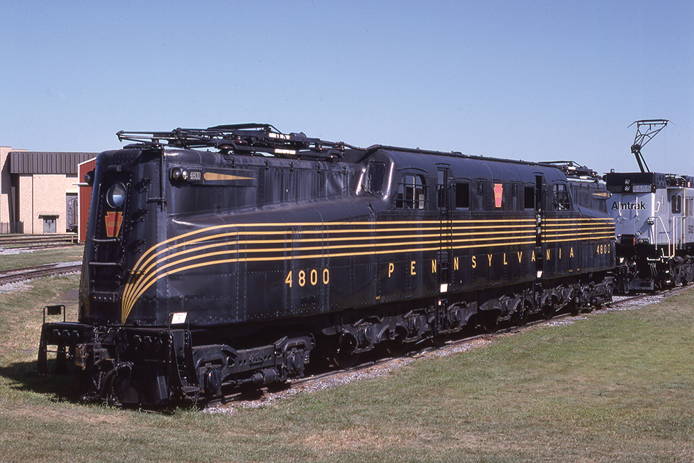 Pennsylvania Railroad GG1-class electric locomotive No. 4800, the first of 139 engines of that type, acquired the nickname “Old Rivets” because of its riveted body. All subsequent GG1s wore a smooth, welded body shell, advocated by industrial designer Raymond Loewy. No. 4800 is at the Railroad Museum of Pennsylvania in Strasburg, Lancaster County. Photo, Hans Kuring / Collection of Dan Cupper