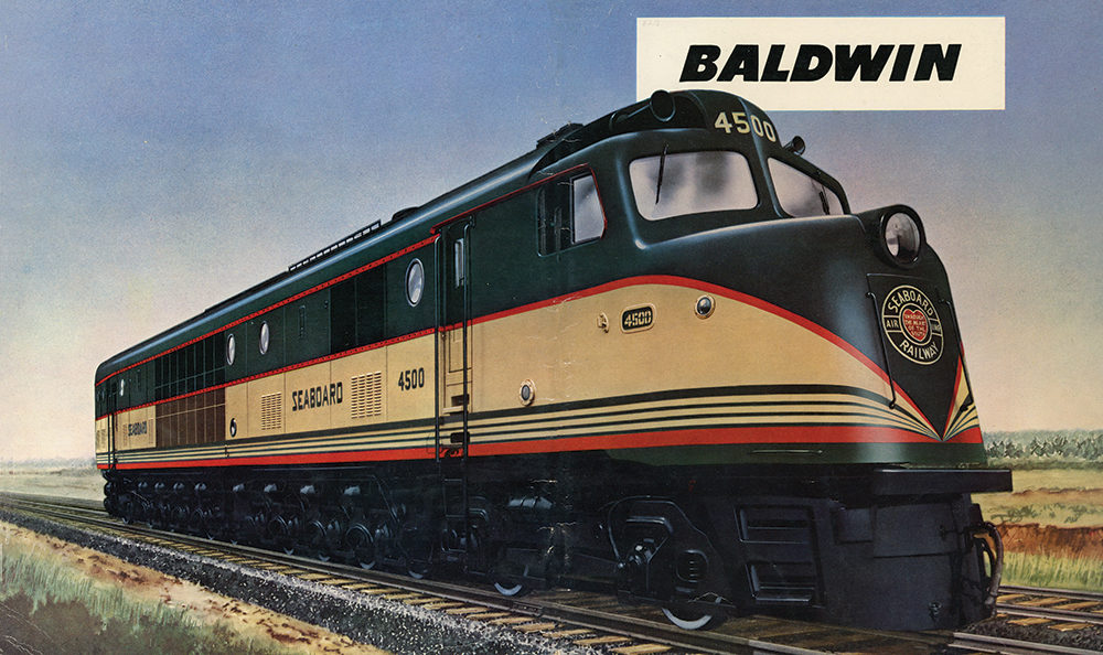 Nicknamed “Centipede” because of its many wheels (24 per unit, compared to eight or 12 for most diesels), this was Baldwin’s first attempt at an over-the-road diesel-electric model. It was powerful (3,000 horsepower per unit, often operated in twin-unit pairs) but sold to only three railroads, the Pennsylvania, the Seaboard, and the National Railways of Mexico. It was built from 1945 to 1948. Collection of Dan Cupper