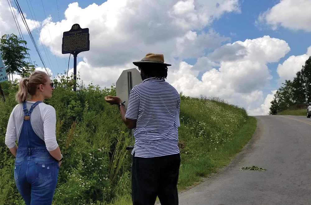 In June 2020, Angela Jaillet-Wentling and Roland Barksdale-Hall helped install the Pandenarium marker at the intersection of US-19/Perry Highway and New Castle-Mercer Road. Photo, Quentin Clark