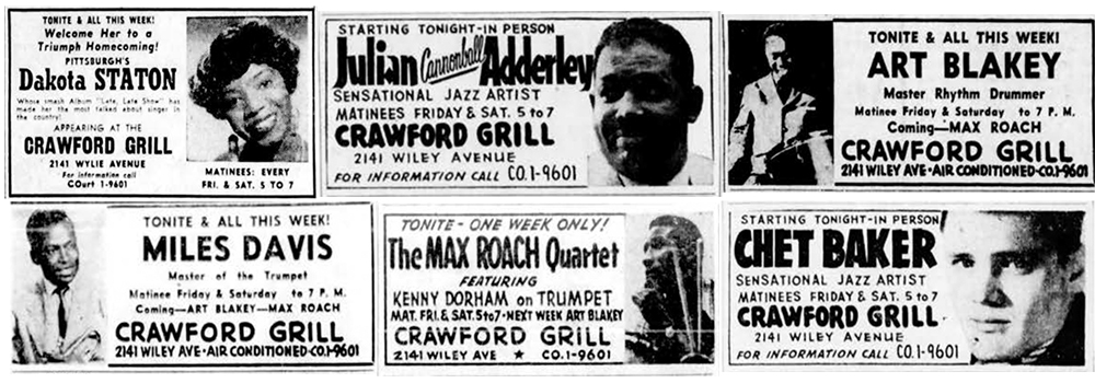 Ads for artists who performed at Crawford Grill No. 2 in the 1950s.