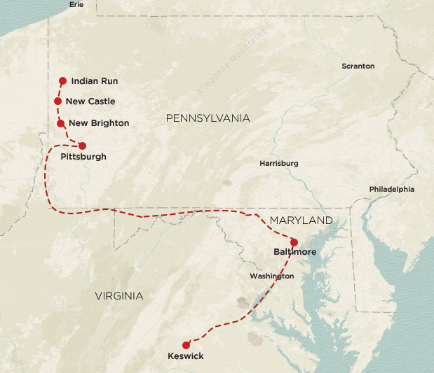 The route of the recently emancipated men, women and children from Keswick Station in Ablemarle County, Virginia, to Indian Run in western Pennsylvania.