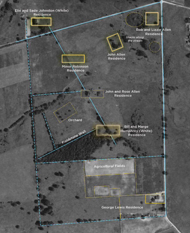 This image shows an underlying USDA aerial photograph of the community from 1939 (after residents left) with overlays showing residences, roadways and features of the community identified through historic and archaeological research. Courtesy Angela Jaillet-Wentling