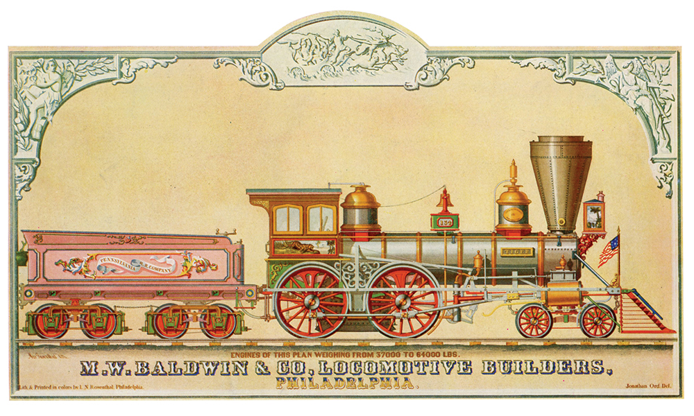 In the grand era of locomotive ornamentation, 1850–80, elaborate paint schemes and polished brass trim were the order of the day. Baldwin built this 4-4-0-type passenger engine, named “Tiger,” for the Pennsylvania Railroad in 1856. It was scrapped in 1875. Collection of Dan Cupper