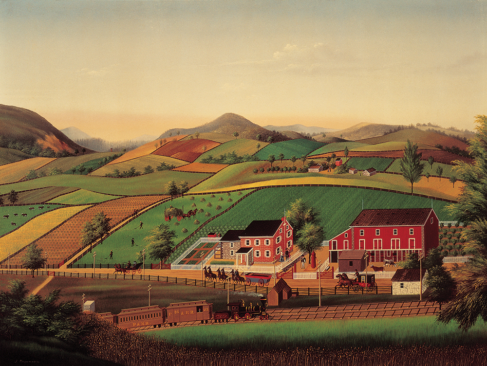 This view of an orderly Pennsylvania Dutch farm, Berks County Farmscape, was painted by German immigrant John Rasmussen (1828–95), circa 1879–86, around the time when Pennsylvania Dutch and Other Essays was being read across America. American Folk Art Museum / Art Resource, NY