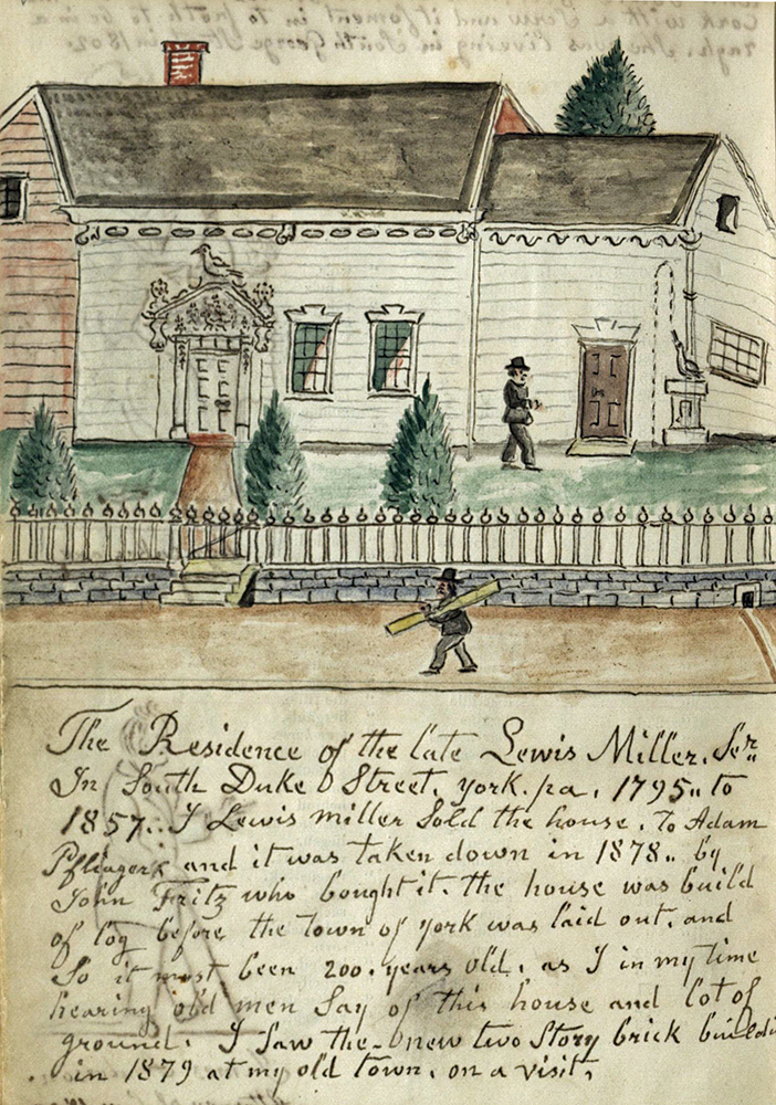Miller’s drawing of his parents’ house on a blank page of ‘S alt Marki-haus mittes in d’r Schtadt by Henry Lee Fisher. The wooden pediment, carved by Lewis Jr., is on display at the York County History Center. Collections of the York County History Center, York, PA