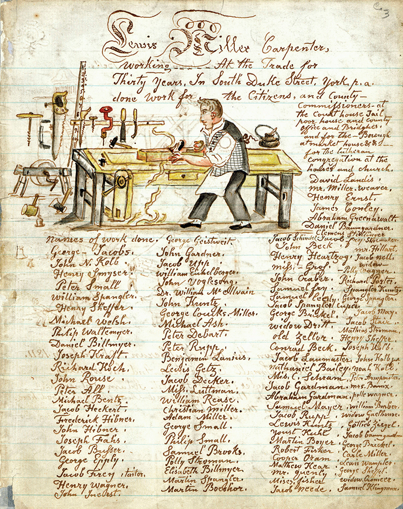 Miller at his workbench with his tools and a recap of 30 years of carpentry clients. Collections of the York County History Center, York, PA
