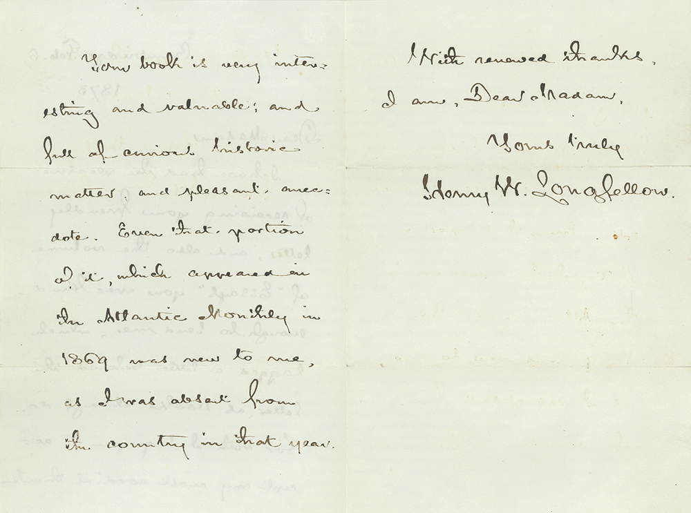 In this letter of February 6, 1873, to Gibbons, the American poet Henry Wadsworth Longfellow praises Pennsylvania Dutch and Other Essays. Collection of Jack Brubaker