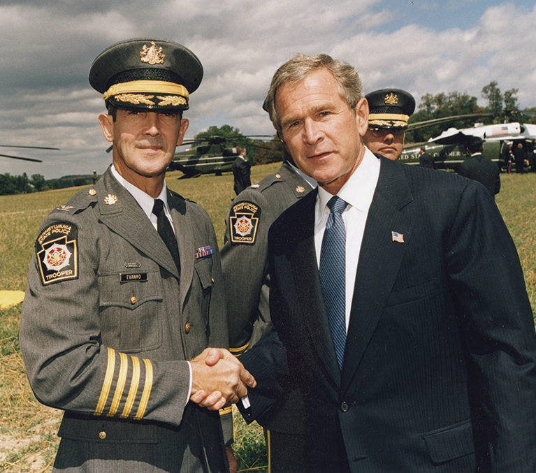 Col. Paul Evanko with President George W. Bush at the Flight 93 crash site near Shanksville. Pennsylvania State Archives, RG-30.83: Colonel Paul Evanko Collection