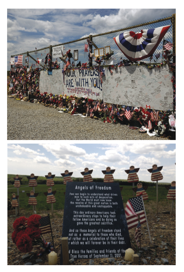 Top, Many visitors to the Flight 93 Temporary Memorial brought small tributes with them or improvised with what they had on hand, as seen in this photo from May 2002. A visitor sign-in book would have been quickly damaged by weather, so plywood boards were installed to allow people to leave their names and remembrances. Bottom, These wooden angels, one for each passenger and crewmember of Flight 93, were carefully made and left at the Temporary Memorial along with a sign of tribute. Photos, PHMC