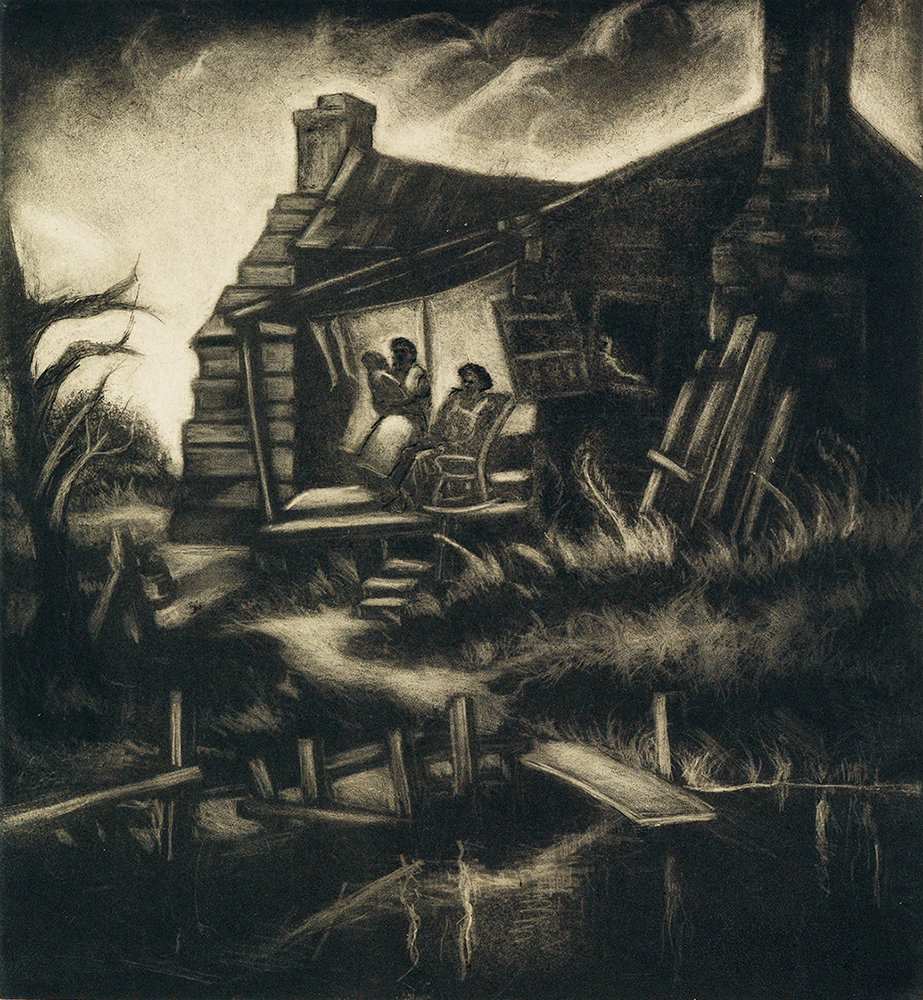 Cabin Days (c. 1938–39, carborundum mezzotint and etching) reflects Thrash’s childhood home in rural Griffin, Georgia, which he left at age 15. He led an itinerant existence for many years and may have returned to Griffin, but no such visits are documented. Nonetheless, memories of Georgia inspired Thrash throughout his career. Courtesy Dolan/Maxwell, Philadelphia