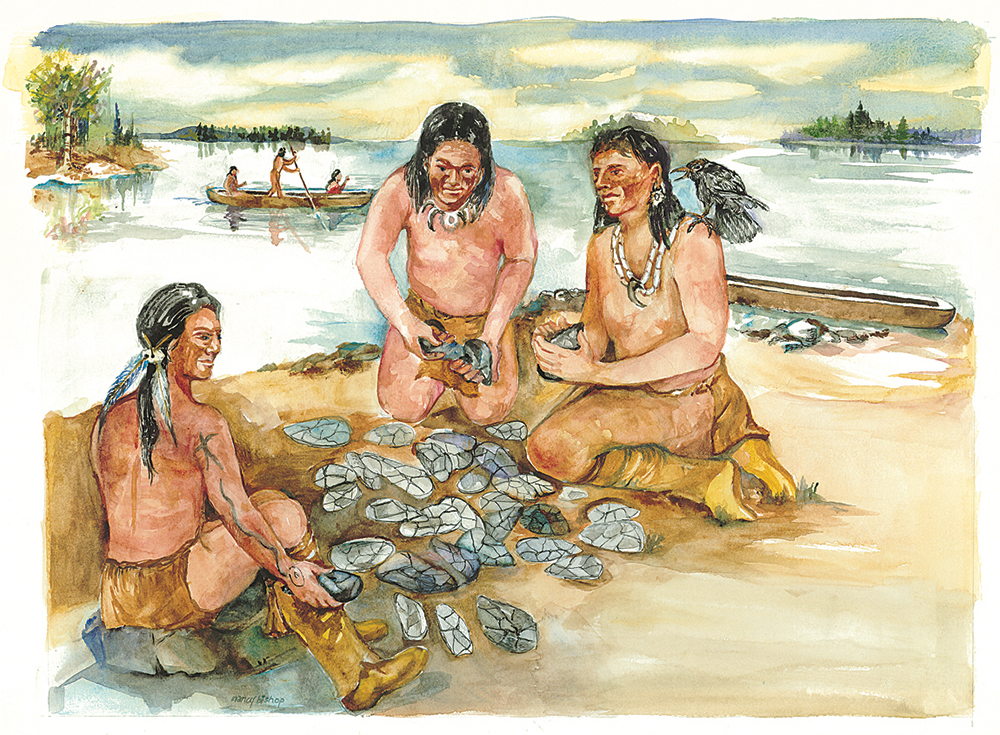 Native Americans of about 8,400 years ago in this rendering create tools by flintknapping. The State Museum of Pennsylvania / Illustration by Nancy Bishop