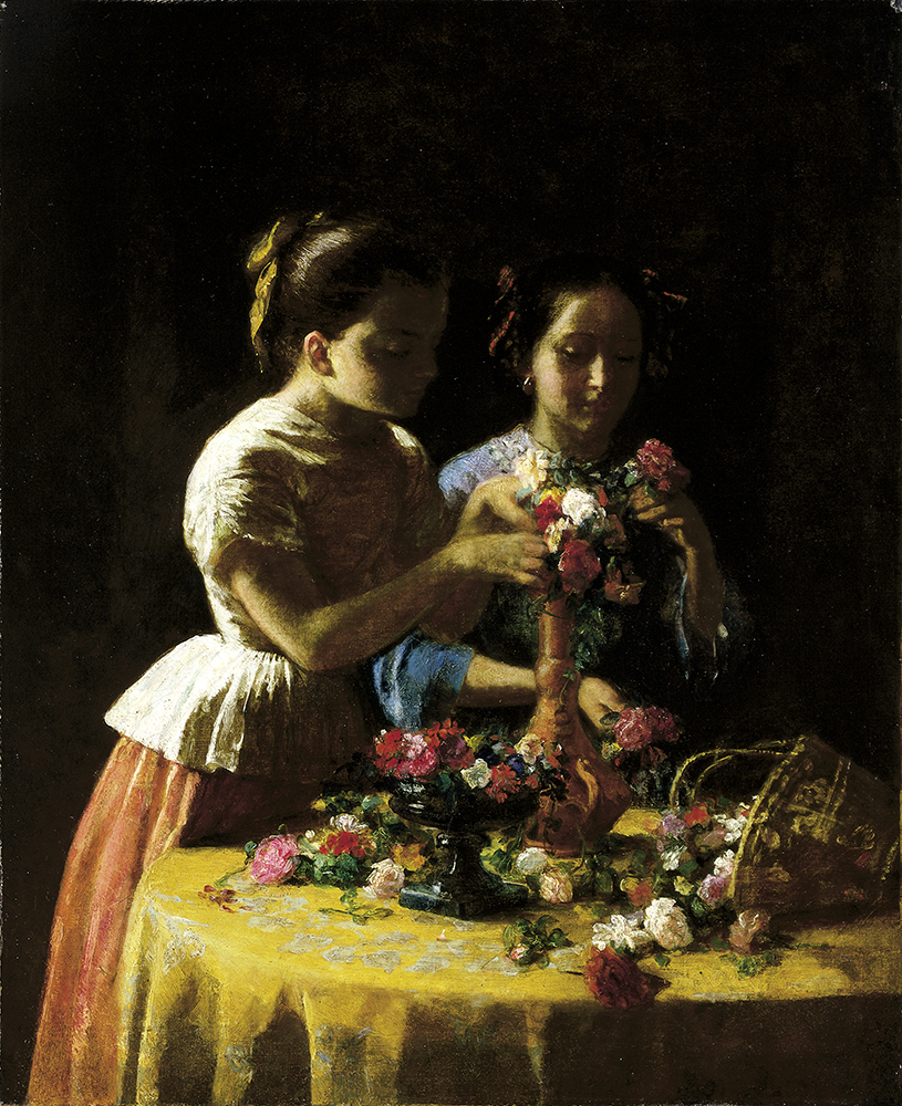 Girls and Flowers (1855, oil on canvas, 22 1/8 x 18 1/8 in.) is a typical genre painting by Lambdin. Smithsonian American Art Museum