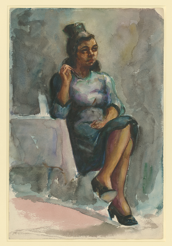 Woman in Blue, Waiting (1940s, watercolor) may be a companion piece to Saturday Night. Here a young woman — stylishly dressed and coiffed for a night out — awaits her evening’s company. Her face is placid but her upturned left foot suggests tension — maybe impatience. Courtesy Dolan/Maxwell, Philadelphia