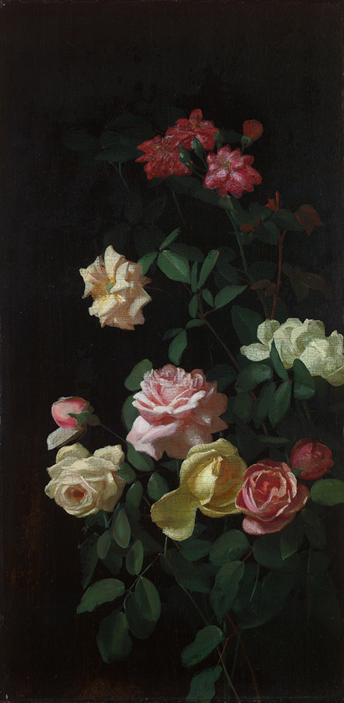 Roses (1872, oil on wood, 24 x 11 3/4 in.) by Lambdin is painted with a black background, evocative of Japanese lacquer. Yale University Art Gallery