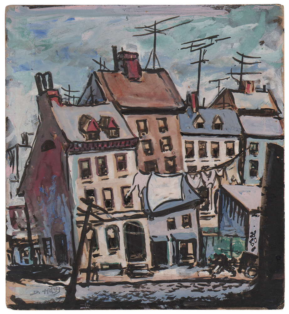 Houses (c. 1950, ink and acrylic on cardboard) was created many miles and years from the humble homes of Thrash’s native town of Griffin. He nevertheless echoes his renderings of the rural Georgia cabins. The buildings in this decidedly Northern urban setting appear to lean into one another like weary friends sharing mutual support. Courtesy Dolan/Maxwell, Philadelphia