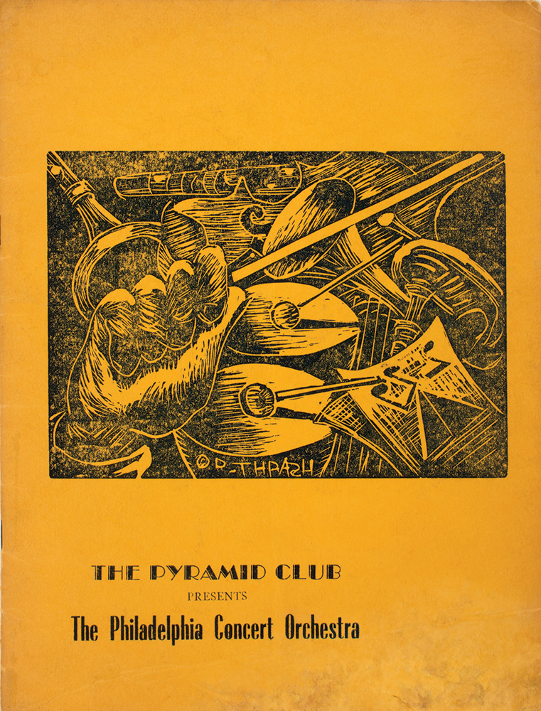 Thrash worked in the applied arts of graphic design and illustration as well as the fine arts of painting and printmaking. This lively woodcut titled Arrangement of Musical Instruments (Horns and Drums) illustrates a program for the Philadelphia Concert Orchestra at the Pyramid Club (c. 1952), testifying to the centrality of music in the vibrant Black cultural life that bloomed in Northern cities generally — and Philadelphia, specifically — in the first half of the 20th century. Philadelphia Museum of Art (Gift of Ron Rumford, 1999)