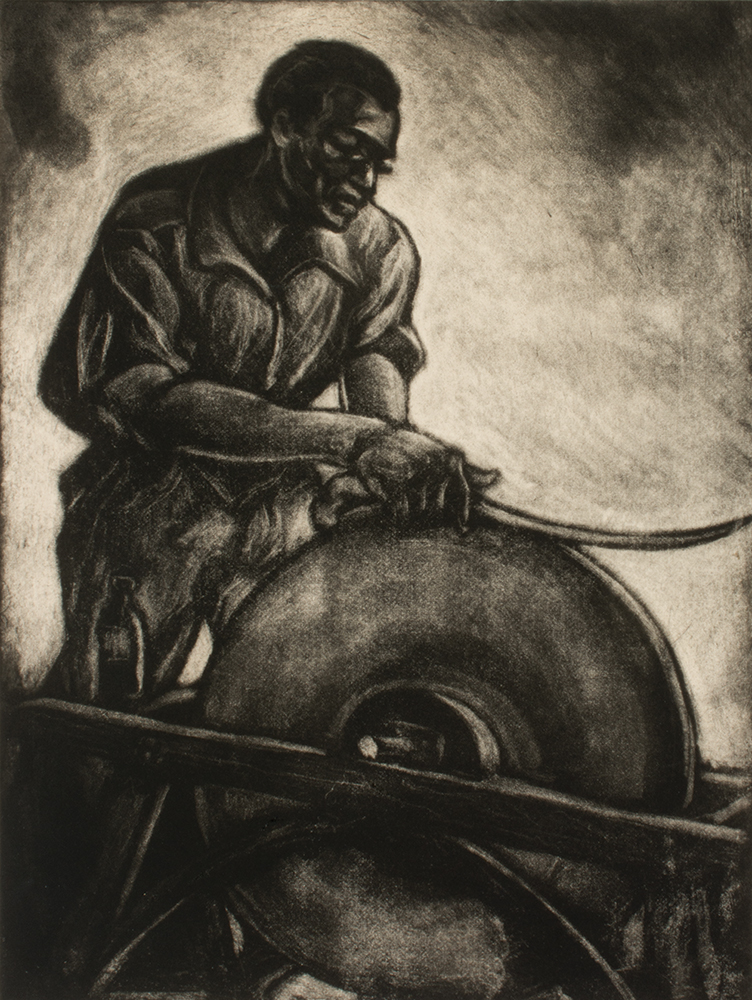 Grinding, or Grinder (c.1940, carborundum mezzotint) is an example of Thrash’s images that correspond to the Social Realist approach to art that emerged during the Great Depression and continued through World War II. Social Realist artists focused on the realities of working-class life, critiqued capitalism, and honored and celebrated the contributions of typically unsung laborers — as Thrash does here. Philadelphia Museum of Art (Gift of James D. Crawford and Judith N. Dean, 1996)