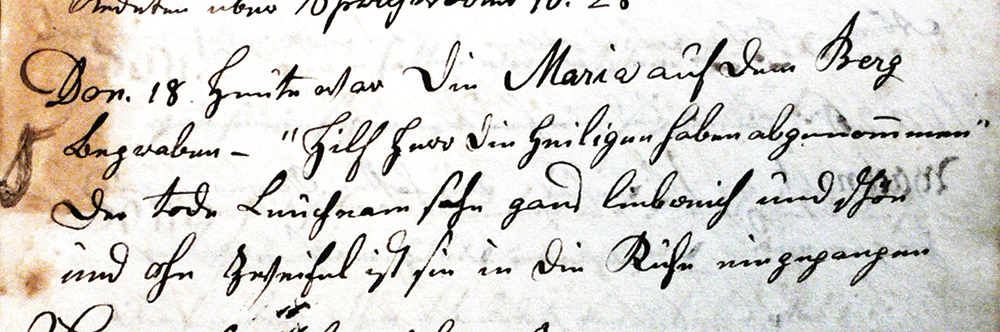 Daniel Bertolet’s ledger includes this manuscript entry recording the funeral of Mountain Mary on November 18, 1819. Don Yoder Collection, Pennsylvania German Cultural Heritage Center, Kutztown University