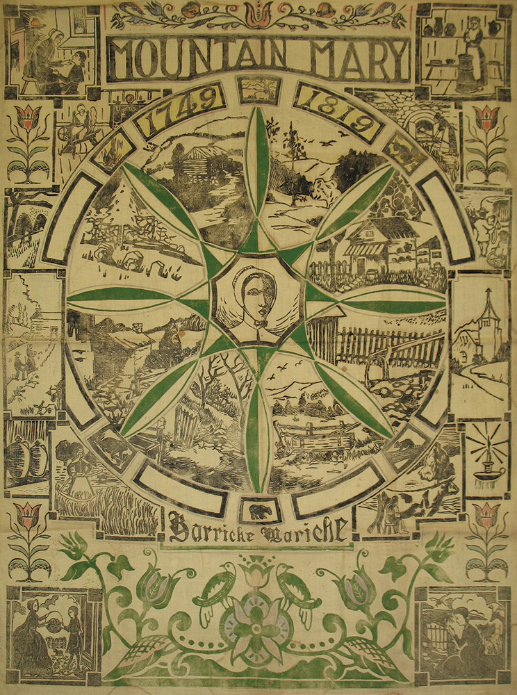 This hand-printed banner of Mountain Mary’s life was coordinated by art educator Paul Wieand as part of a teacher’s continuing education class at Kutztown State Teachers College under Professor Henry W. Sharadin. The linoleum cut prints were produced by schoolteachers and their students in 1939. Pennsylvania German Cultural Heritage Center, Kutztown University