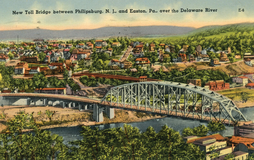 Opened on January 14, 1938, a $2.5 million, 540-foot-long through-truss bridge links Easton, Pennsylvania, with Phillipsburg, New Jersey. Spanning the Delaware River, it is also known as the Bushkill Street Bridge. Collection of Dan Cupper