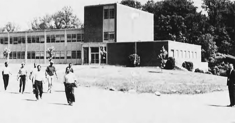 Students walk from the recently completed Wright Hall, 1965. From The Lion (Lincoln University yearbook), 1965