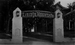 The Memorial Arch at Lincoln University was dedicated in 1921 during a visit by U.S. President Warren G. Harding. From Catalogue of Lincoln University, 1921-1922
