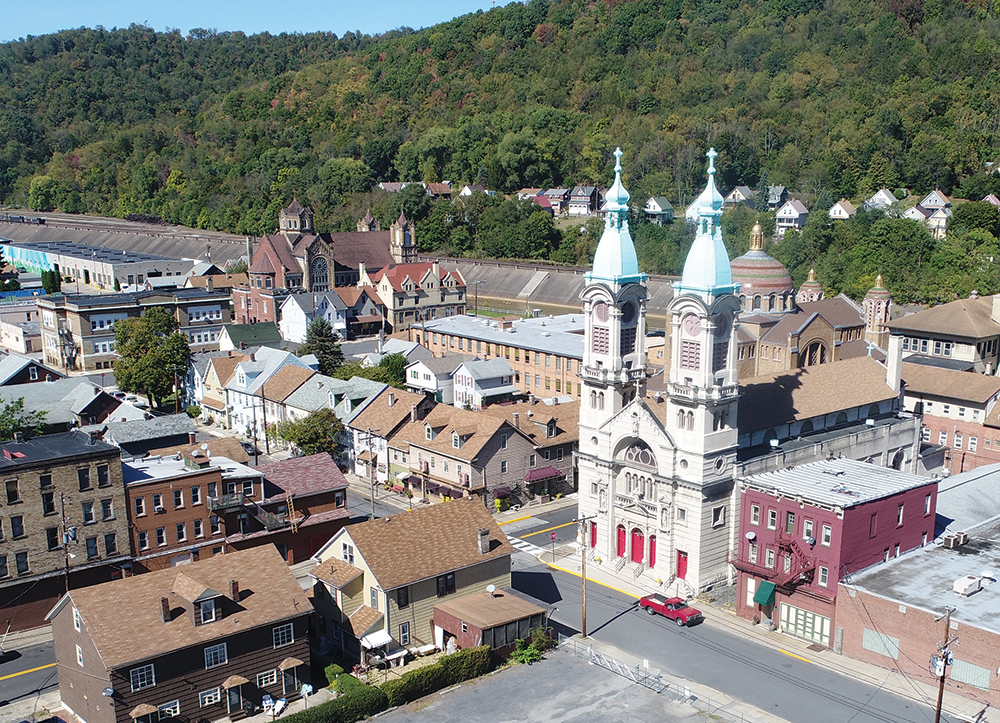 A view of Cambria City, showing three churches built for congregations from eastern Europe. Courtesy of the Steeples Project