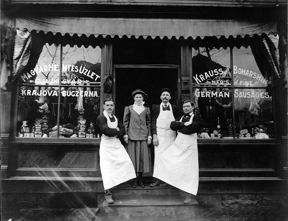 A butcher shop in Cambria City, circa 1900, advertises its products in Hungarian and English. Courtesy of the Johnstown Flood Museum Archives, Johnstown Area Heritage Association