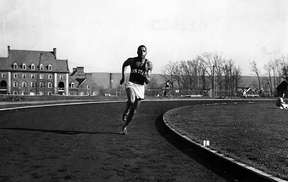 Barney Ewell on the track at Penn State. At the moment of his graduation, Ewell shared the Penn State record of 9.6 seconds for the 100-yard dash with two former sprinters, J.L. “Hy” Henry, who set the mark in 1907, and Dick Bartholomew, who matched it in 1928. Used with permission from the Eberly Family Special Collections Library, Penn State University Libraries
