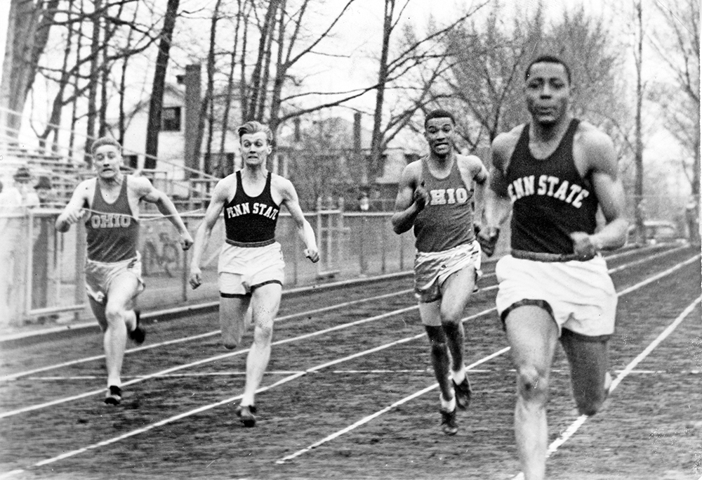 Ewell, right, takes the lead in a race with Ohio. Used with permission from the Eberly Family Special Collections Library, Penn State University Libraries