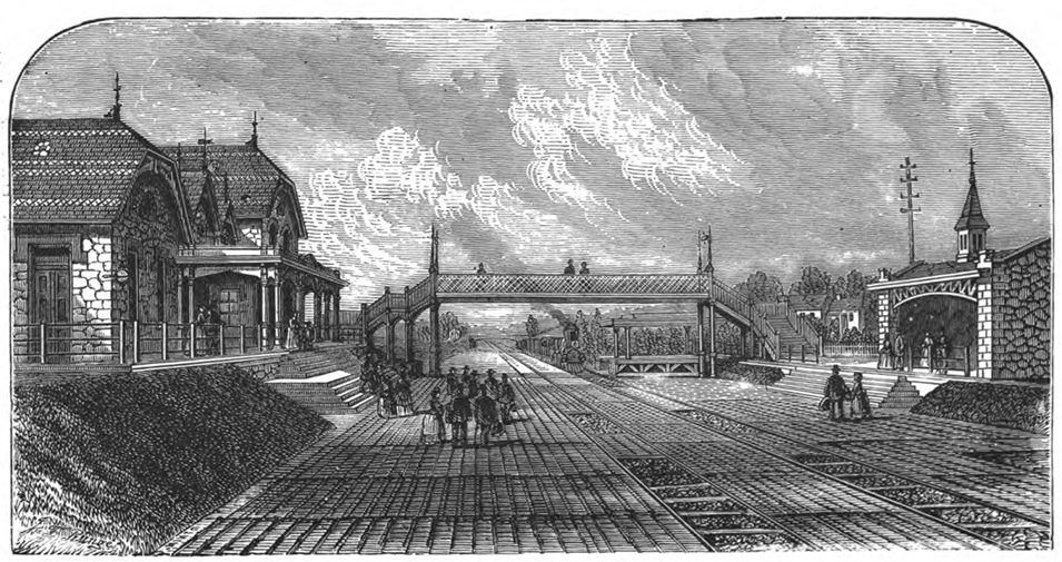 The train station at Bryn Mawr in 1875. The freight and baggage building is still standing. From Suburban Stations and Rural Homes on the Pennsylvania Railroad (Office of the General Passenger Agent, 1875)