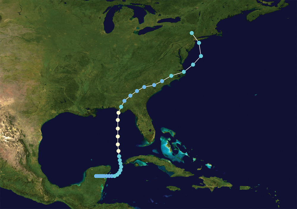 The track of Agnes, with color scheme from the Saffir–Simpson scale, showing its start as a tropical depression at the Yucatán Peninsula, its progression into a tropical storm and then a category 1 hurricane as it moved north over the Gulf of Mexico, its return to a tropical depression as it moved through the southern U.S., and its swing back to a tropical storm on the coast as it moved inland toward Pennsylvania. Created using WikiProject Tropical cyclones/Tracks, background image from NASA, tracking data from the National Hurricane Center