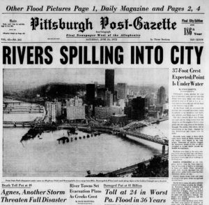 The front page of the Pittsburgh Post-Gazette for June 24, 1972, showing an aerial view of Point State Park submerged under water. Copyright © Pittsburgh Post-Gazette, 2021, all rights reserved. Reprinted with permission.
