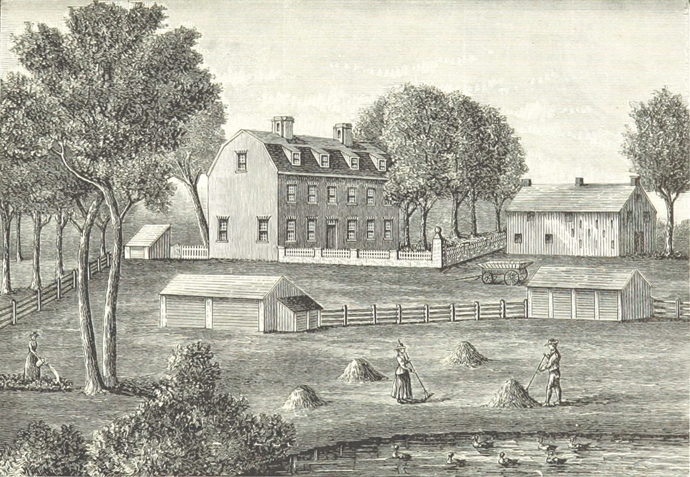 This 1854 lithographic reproduction of a 1755 painting of Graeme Park shows the south side of the house. The image has been a crucial piece of evidence in reconstructing Graeme Park’s landscape from the mid-18th century and in guiding past archaeological research. Wikimedia Commons / Mechanical Curator Collection, British Library