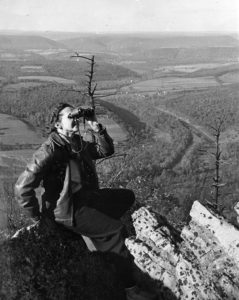 Rachel Carson, here at Hawk Mountain Sanctuary, studied the migration of raptors to draw conclusions about the adverse effects of pesticides in the environment, which she articulated in her best-selling book Silent Spring. Linda Lear Center for Special Collections and Archives, Connecticut College
