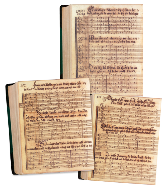 Above, A page from the “Ephrata Codex” showing credits for Hanna and Ketura. Below, Two pages with melodies credited to Föben. Library of Congress