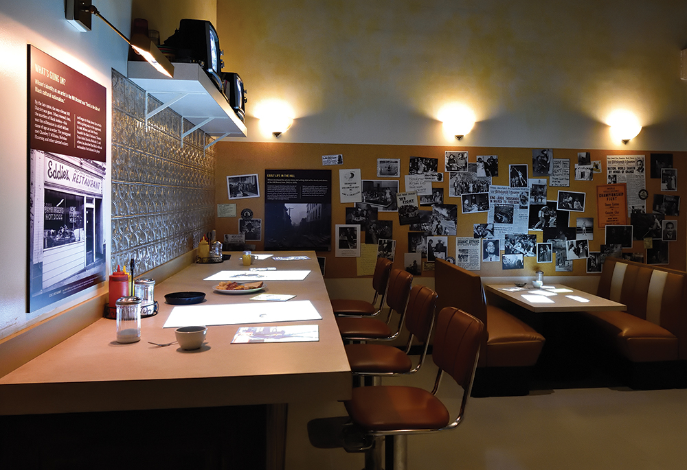 The first of the three “acts” that make up the exhibit August Wilson: The Writer’s Landscape at the August Wilson African American Cultural Center is “The Coffee Shop,” which represents the type of restaurant where Wilson liked to write during his early years in the 1960s. Exhibit, August Wilson African American Cultural Center / Photo, PHMC