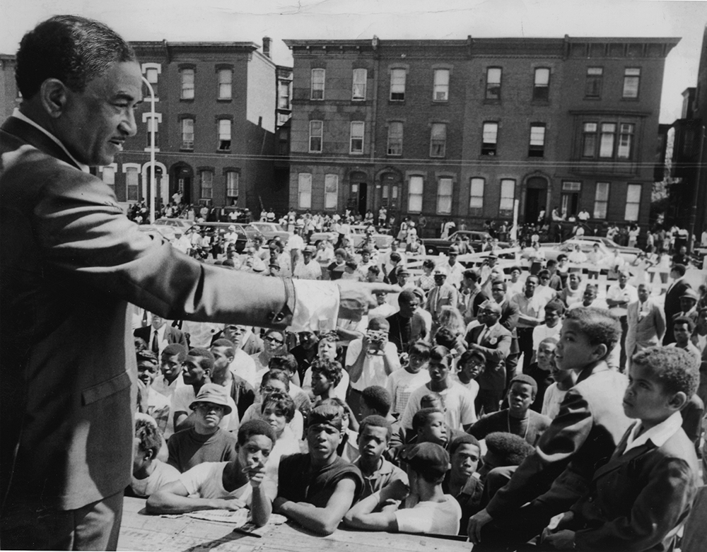 Cecil B. Moore, left, points to Charles and Ted Hicks, lower right, during a rally held to celebrate the NAACP’s victory in June 1968. Ted, along with three other African American students, broke the color line at Girard that September. Courtesy of the Special Collections Research Center, Temple University Libraries, Philadelphia, PA