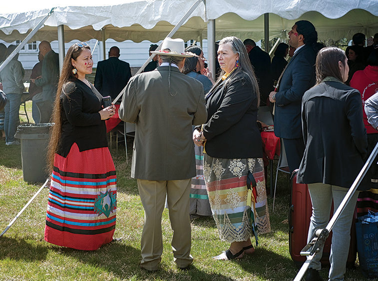 From left, Martina Thomas and John Thomas, Delaware Tribe of Indians, and Deborah Dotson, Delaware Nation president, at Pennsbury. Ellen Henderson Photography