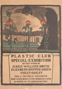 Violet Oakley designed the poster for the Plastic Club Special Exhibition of the Work of Jessie Willcox Smith, Elizabeth Shippen Green, Violet Oakley, held February 3–16, 1902. Collection of Patricia Likos Ricci